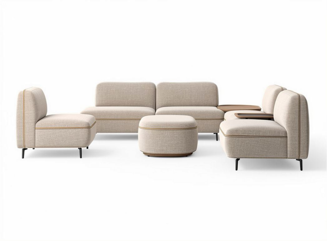 Modular fabric sectional sofa with detachable ottoman and side table in beige 240 x 180 x 75cm