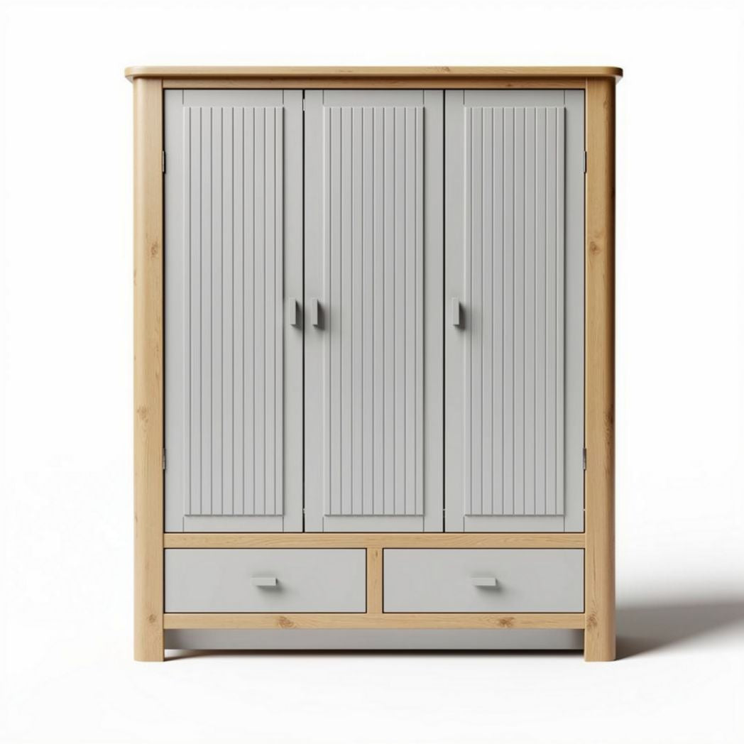 Three-door wooden storage cabinet with two drawers 120 x 50 x 180cm in light grey and natural finish