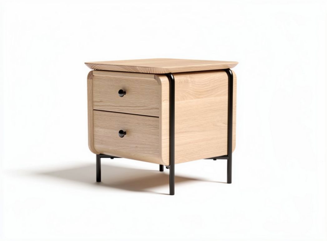 Wooden nightstand with two drawers and black metal legs 45 x 45 x 50cm