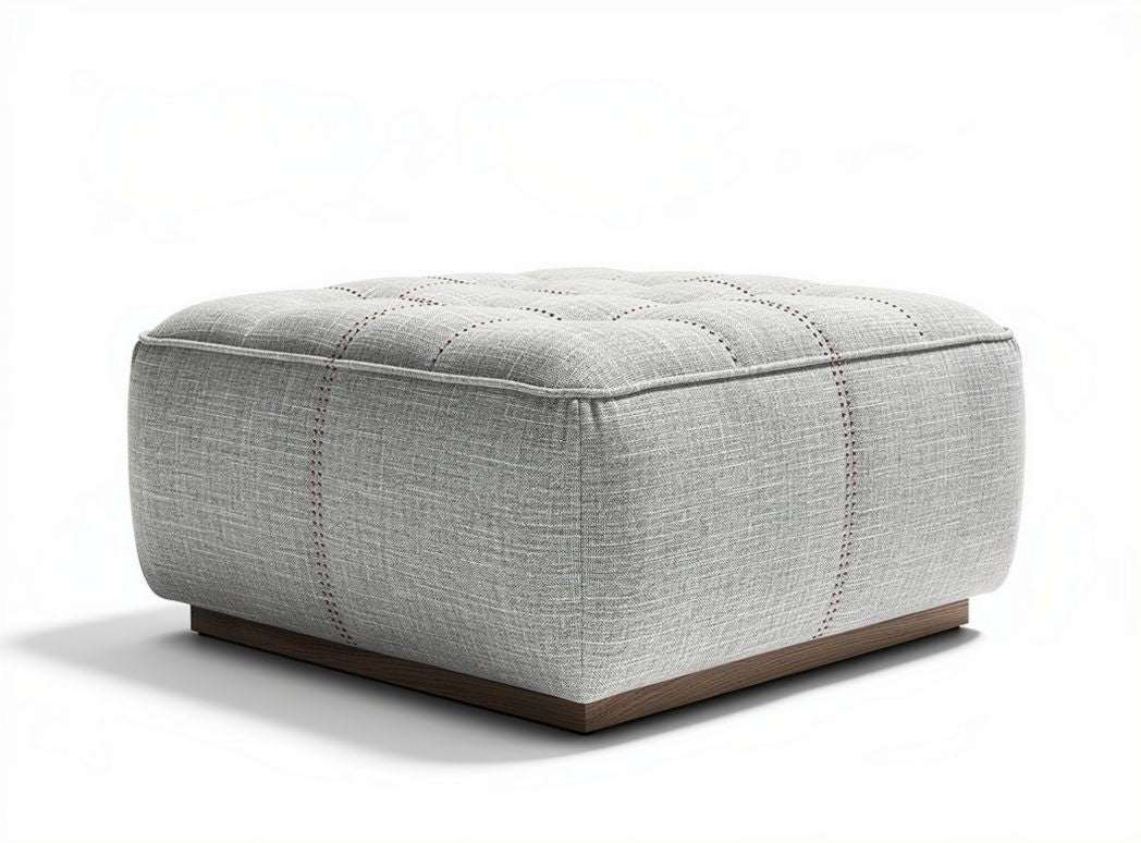 Fabric upholstered square ottoman with wooden base 60 x 60 x 30cm in grey