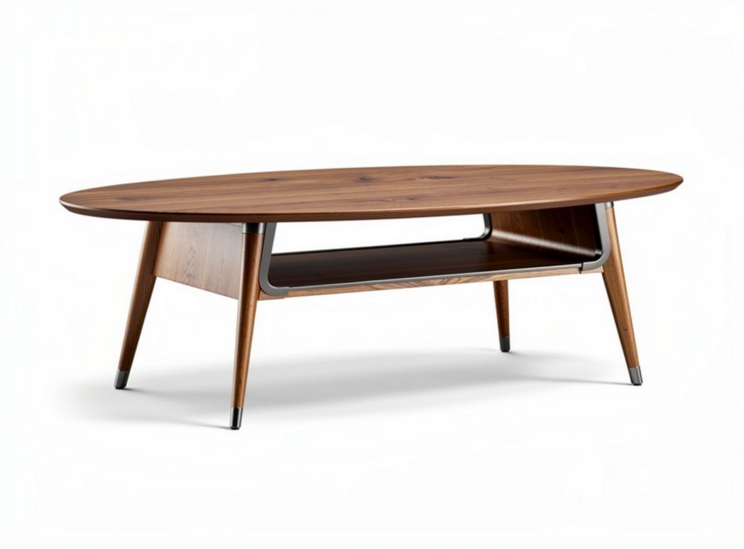 Wooden oval coffee table with lower shelf in walnut finish 120 x 70 x 45cm