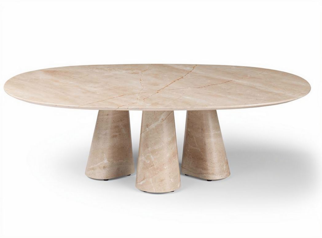 Marble dining table with oval top and tripod base in light beige color