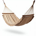 Cotton rope hammock with wooden spreader bars suitable for outdoor relaxation