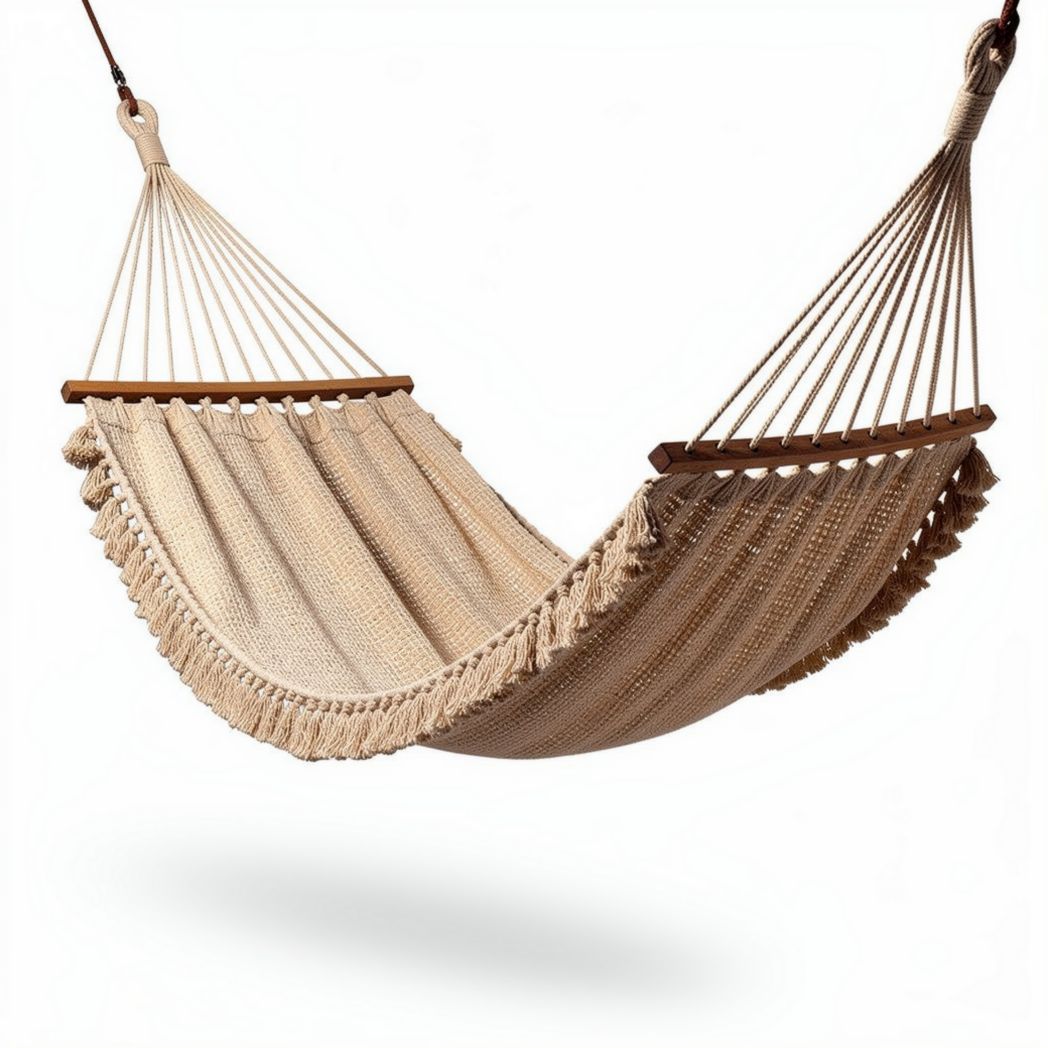 Cotton rope hammock with wooden spreader bars suitable for outdoor relaxation