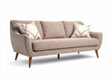 Mid-century modern upholstered sofa in beige fabric with decorative pillows 180 x 80 x 85cm